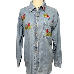 Vintage 90s Ladybug Embroidered Denim Shirt Button Up Whimsycore‎ Shirt Size XL